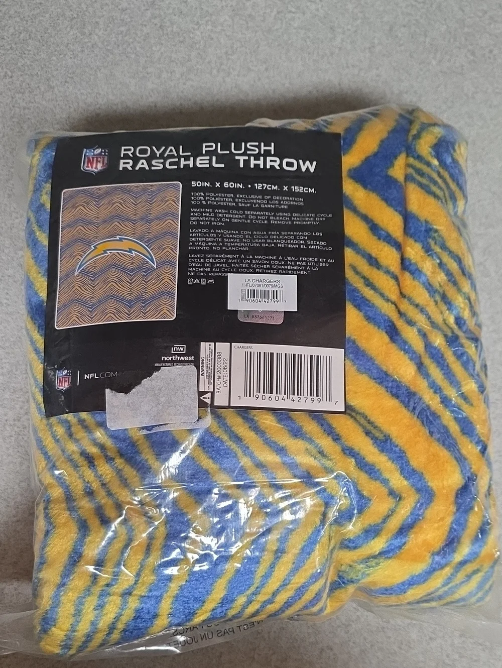 NFL Chargers Royal Plush Raschel Throw - Yellow & Blue Chevron